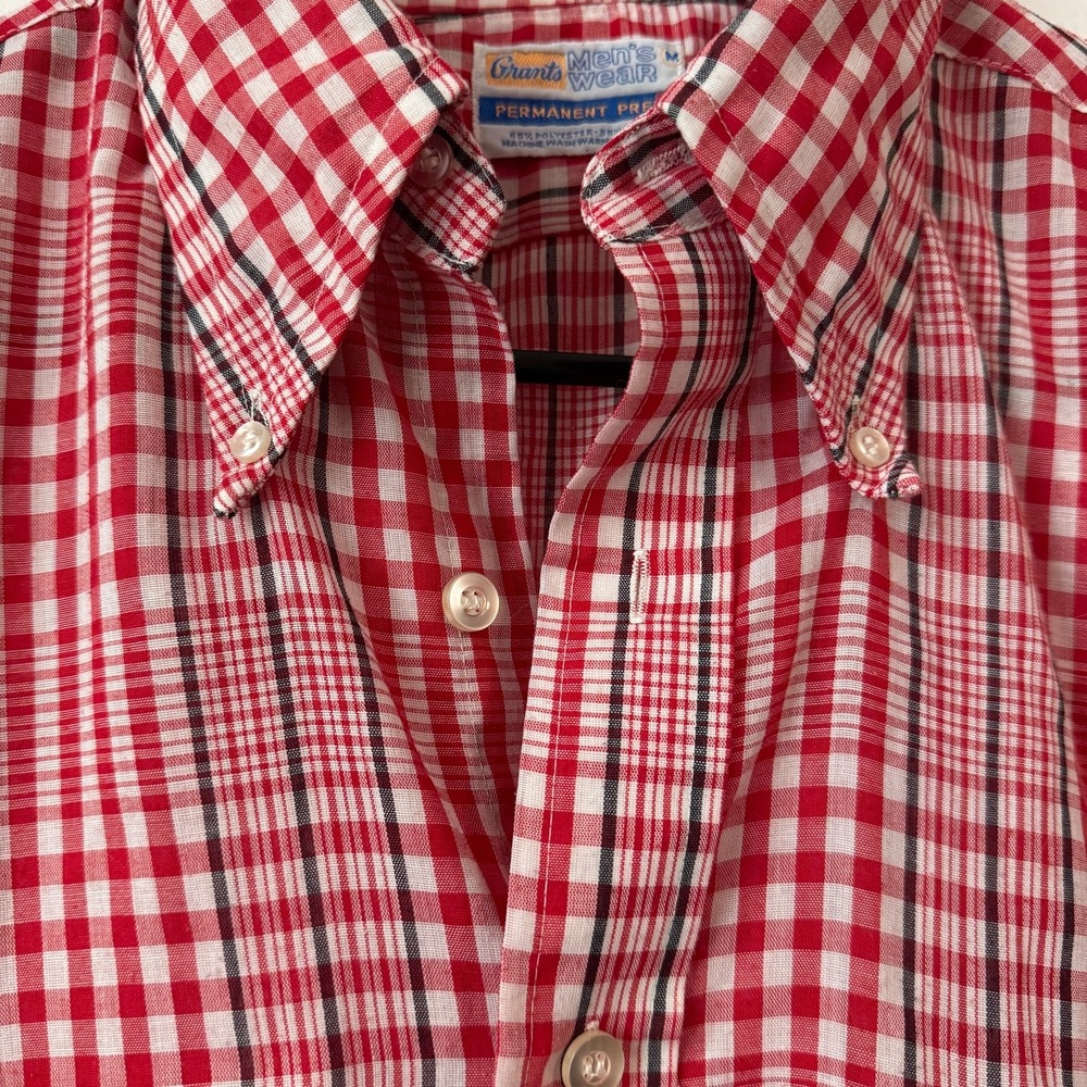 Vintage 70s‎ Short Sleeves Plaid Shirt Elevated Basics Red Dagger Collar Cotton - Picture 2 of 8